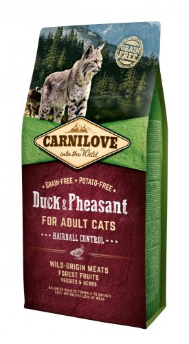  Carnilove - for   Adult Cats - Hairball Control -  Felnőtt Macska szárazeledel – Kacsa&Fácán - Szőroldó -Gabona menteses- burgonya mentes    6kg