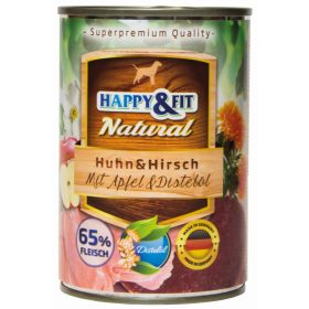   Happy&Fit Natural Dog Konzerv- Magas hústartalmú kutyakonzerv -   Csirke&Szarvas Almával&Sáfrányolajjal 400g