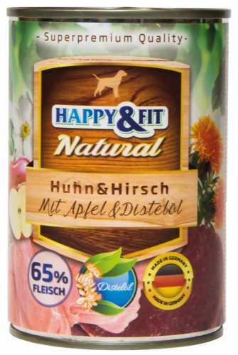 Happy&Fit Natural Dog Konzerv- Magas hústartalmú kutyakonzerv -   Csirke&Szarvas Almával&Sáfrányolajjal 400g