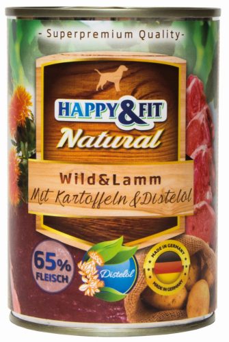 Happy&Fit Natural Dog Konzerv Vadhús&Bárány Burgonyával&Sáfrányolajjal 400g