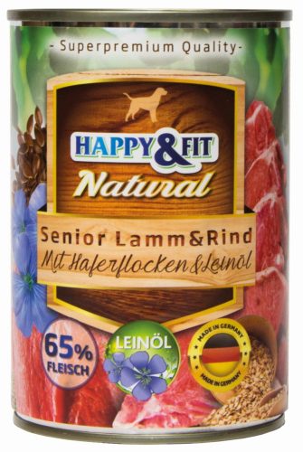 Happy&Fit Natural Dog Konzerv Senior Bárány&Marha Zabliszttel&Lenmagolajjal 400g