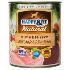   Happy&Fit Natural Dog Konzerv-Felnőtt  Kutya konzerv- Magas hústartalmú kutyakonzerv-   Csirke&Szarvas Almával&sáfrányolajjal 800g
