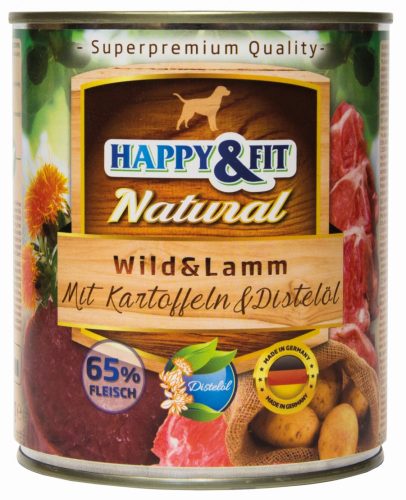 Happy&Fit Natural Dog Konzerv Vadhús&Bárány Burgonyával&Sáfrányolajjal 800g