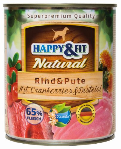 Happy&Fit Natural Dog Konzerv Marha&Pulyka Áfonyával&Sáfrányolajjal 800g