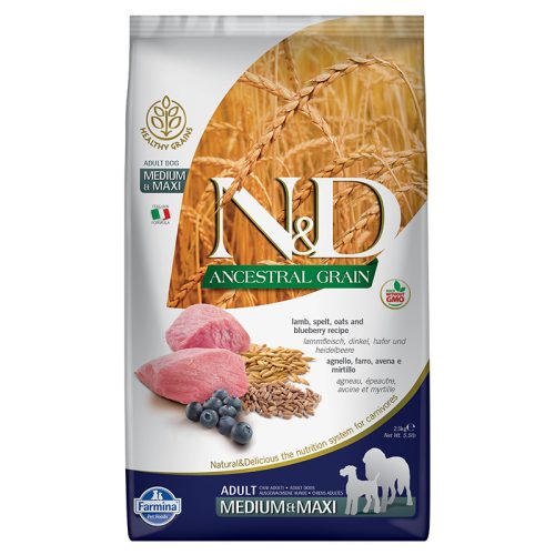 N&D Dog Ancestral Grain bárány, tönköly, zab, áfonya Felnőtt eledel közepes és nagy testű  GMO mentes 2,5kg